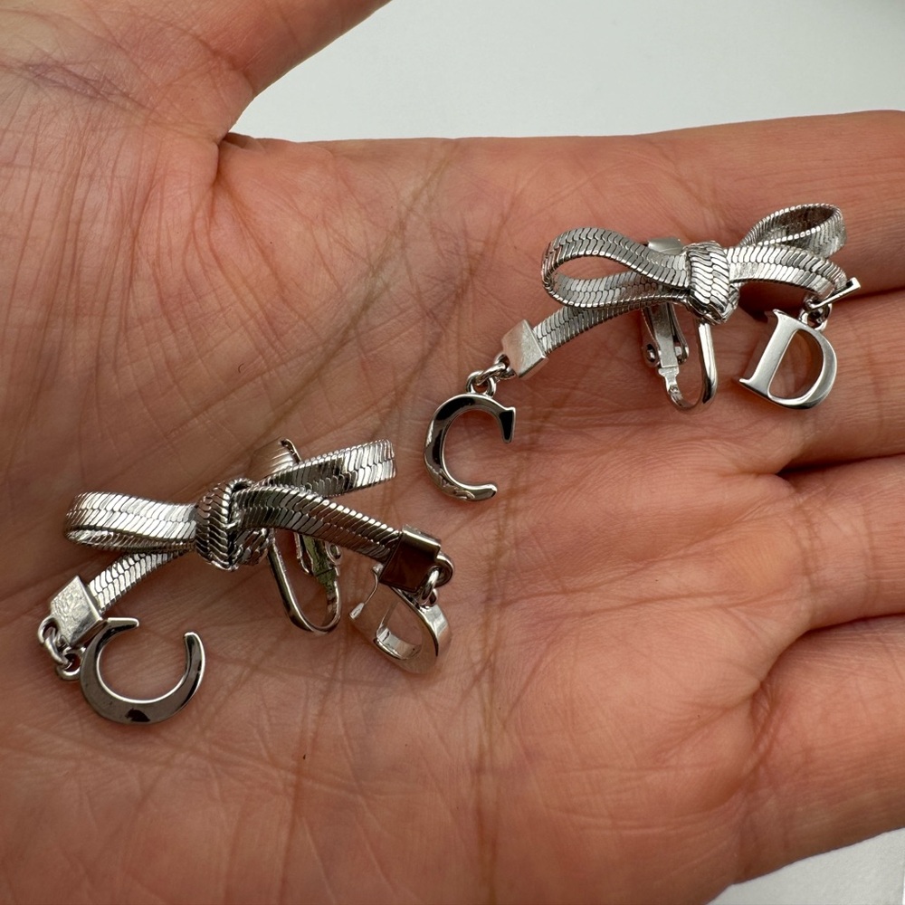 Christian Dior CD Silver Bow Dangle Monogram Earrings RARE! - Picture 5 of 8